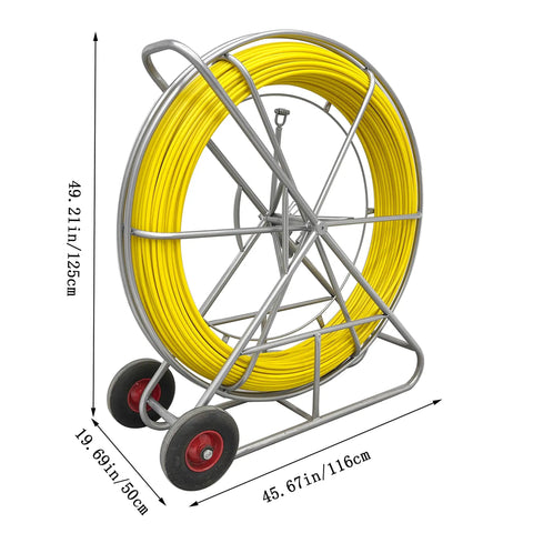 Heavy Duty Fiberglass Fish Tape Built Dang Solid For Hella Smooth Wire Routing And Conduit Pulling With Sturdy Wood Reel And Wheeled Cart 12mm 820Ft Length To Route Cables Anywhere Fast, with yellow fiberglass tape on cart.