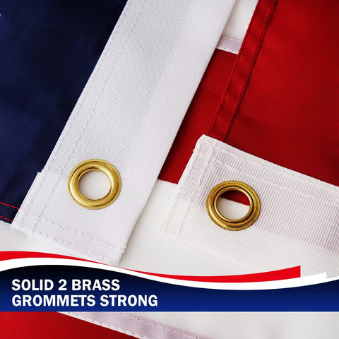 Close-up of brass grommets on American Flag 3x5 Outdoor Heavy Duty Flag With Embroidered Stars And Sewn Stripes, Fade Resistant Exterior