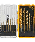 Front view of DEWALT 14-piece titanium nitride drill bit set in yellow and black case.