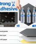 Twenty Pack Hexagon Soundproof Foam Wall Panels With Quick Peel Self Stick Backing High Density Noise Knockout Acoustic Tiles For Home Studio Decor Super Sleek Black Finish adhesive strength comparison with water bottles.