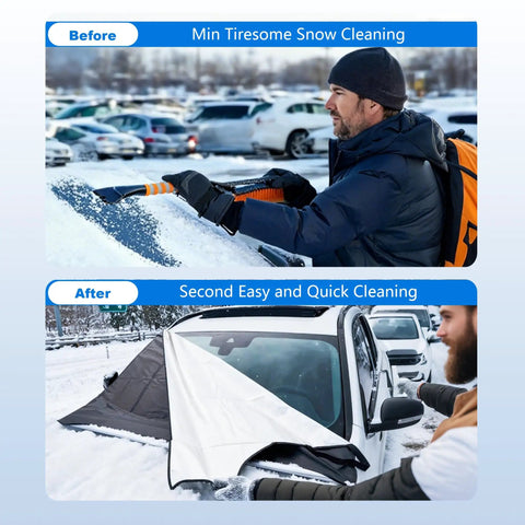Before and after using Extra Large 75 By 45 Inch Windshield Snow Cover Heavy Duty Windproof Shield For Cars Trucks And SUVs.