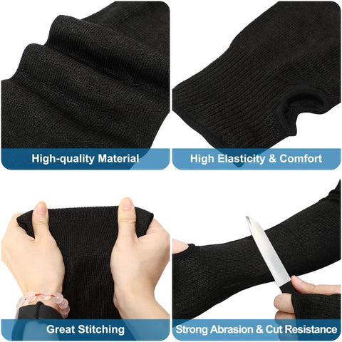 Arm Protection Sleeves Level 5 Cut Two Pairs Heat Resistant Protectors, black knit fabric, knife showing cut resistance.