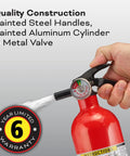 Close-up of red Kitchen Fire Extinguishers 2 Pack For Home And Office with hand demonstration, showing steel handle and spray in use.