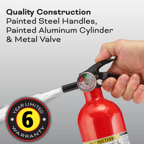Close-up of red Kitchen Fire Extinguishers 2 Pack For Home And Office with hand demonstration, showing steel handle and spray in use.