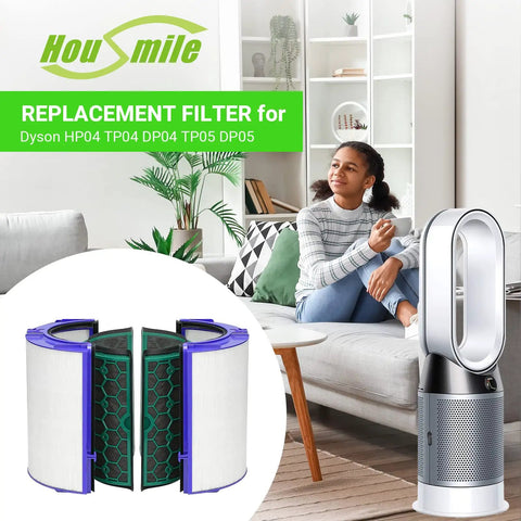 3-In-1 Activated Carbon Replacement Filter For TP04 TP05 Air Purifier Fans, shown next to an air purifier in a living room.