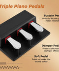 Triple pedals for Portable 88 Keys Semi Weighted Electric Digital Piano with labeled sustain, damper, and soft functions.