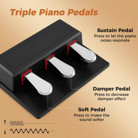 Triple pedals for Portable 88 Keys Semi Weighted Electric Digital Piano with labeled sustain, damper, and soft functions.