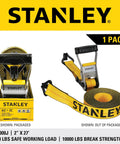 Heavy Duty Ratchet Strap 2 X 27 Feet Featuring A Tough As Nails 10000 Pound Rating Double J Hooks and Padded Grip, shown packaged and out of package.