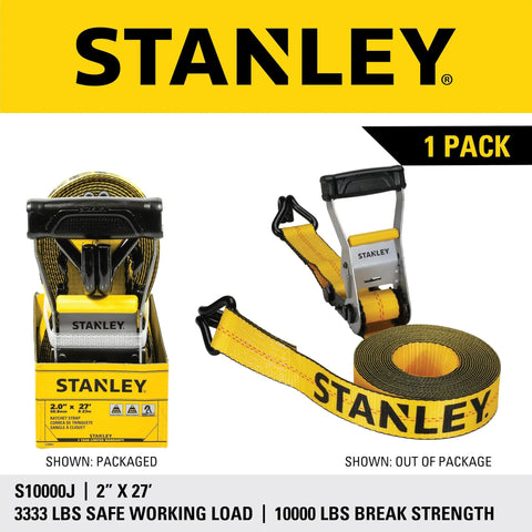 Heavy Duty Ratchet Strap 2 X 27 Feet Featuring A Tough As Nails 10000 Pound Rating Double J Hooks and Padded Grip, shown packaged and out of package.