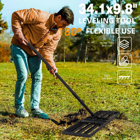 Beast Pro Grade Lawn Leveling Rake With 70.5 Inch Adjustable Handle And 34.1 By 9.4 Inch Head in use on grassy field