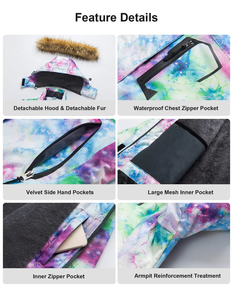 Feature details of Women's Winter Ski Parka Hooded Jacket Waterproof Snow Mountain Coat with 240g Down Alternative Insulation.
