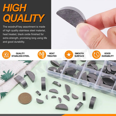 Woodruff Key Stock Assortment Kit 155 Piece Half Moon Semicircle Flywheel Key Set With 17 Sizes Metric Hardware for DIY use.