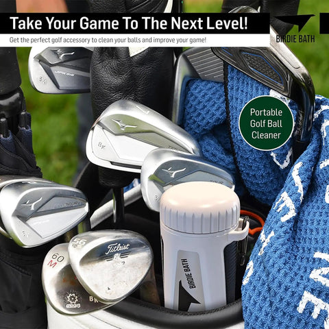 Portable Golf Ball Cleaner For On Course Use Personal Ball Washer in golf bag with clubs and towel