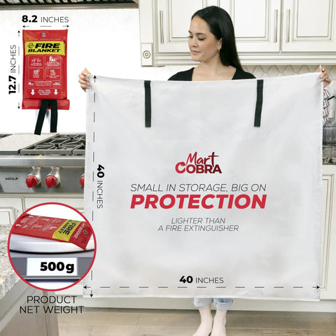 Person holding Fire Blanket 2 Pack For Home And Kitchen Emergency Fire Suppression 40x40 Heat Resistant Fiberglass Safety Blankets.