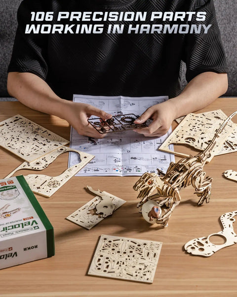 Self-Walking Dinosaur Toy Kit - 3D Wooden Puzzle And Mechanical Model For Adults And Teens, STEM DIY Craft Project, Educational Dino Collection, Wind-Up No Batteries, Perfect Gift For Birthday Or Holiday. 189-piece wooden puzzle in assembly
