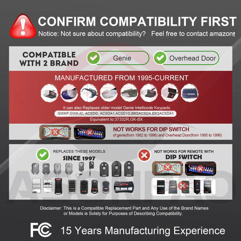 Compatibility chart showing Must Have Universal Garage Door Opener Remote Compatible With G3T A R BX Series For 1997 To Present Openers, Total Plug And Play Ease, Not For Dip Switch Models, Replacement For G3T B, 5 Year Warranty with diagrams and years covered.