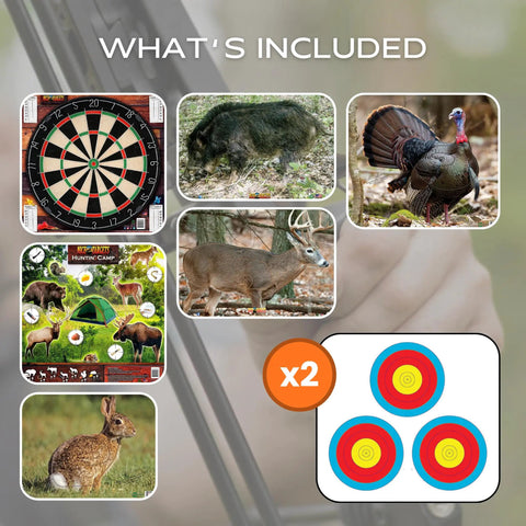 Sharpshooter 8 Pack Archery Target Set With Weatherproof Reusable Targets Featuring various animal and target design images
