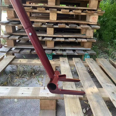 Heavy Duty Pallet Buster With 3 Section Handle For Deck Or Wood Pallet Dismantling Non Damaging Pry Bar Tool That Eases Pallets Up Without Board Damage 40 Inch Extendable Wrecker Designed To Be A Back Saver While You Work, red steel fork on pallet