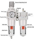 Front view of One Inch NPT Compressed Air Filter Regulator Lubricator Combo With Water And Oil Trap Separator Gauge Zero To One Hundred Fifty PSI Five Micron Brass Element Poly Bowl Semi Auto Drain Metal Bracket High Flow 176 SCFM At 90 PSI.