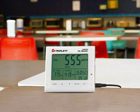GSM200 Desktop Indoor Air Quality Monitor with CO2, humidity, temperature display in a cafeteria setting