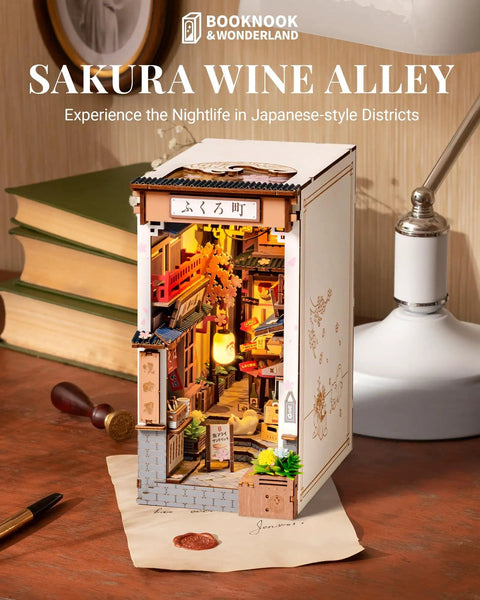 Front view of Sakura Wine Alley Japanese Book Nook Kit for Adults and Teens, DIY 3D Wooden Miniature House Puzzle displayed on a desk.