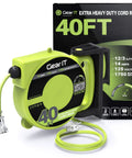 40 Foot Retractable Extension Cord Reel With 12 AWG 3 Conductor SJTW Cable No Fuss Heavy Duty Power Cord shown with packaging