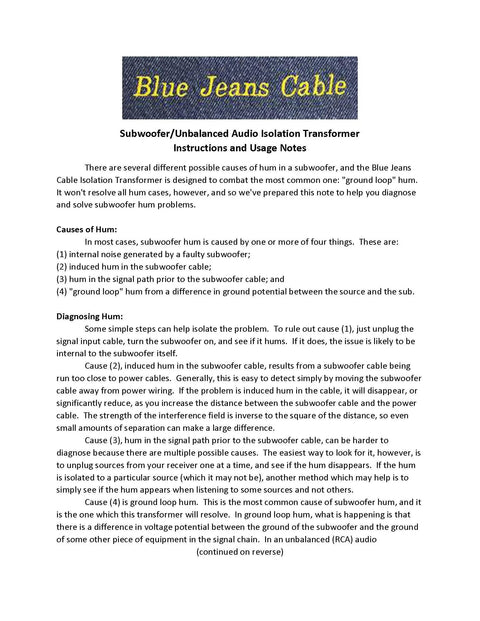 Instruction sheet for Audio Isolation Transformer And Ground Loop Hum Eliminator No More Hum For Subwoofers And Full Range Audio New Improved Design Easy Setup Guide Black Finish Assembled In Seattle Workshop.