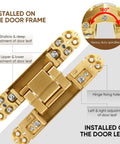 Heavy Duty Six Inch Hidden Door Hinges Two Pack Three Way Adjustable Invisible Concealed Hardware With Sleek Gold Finish detailed view