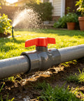 1/2 Inch SCH80 PVC Ball Valve 12 Pack Socket X Socket Shut Off For Irrigation And Pool Plumbing shows a gray valve with red handle on PVC pipe.