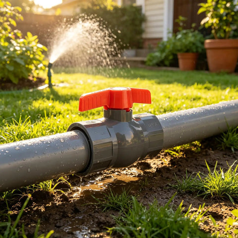 1/2 Inch SCH80 PVC Ball Valve 12 Pack Socket X Socket Shut Off For Irrigation And Pool Plumbing shows a gray valve with red handle on PVC pipe.