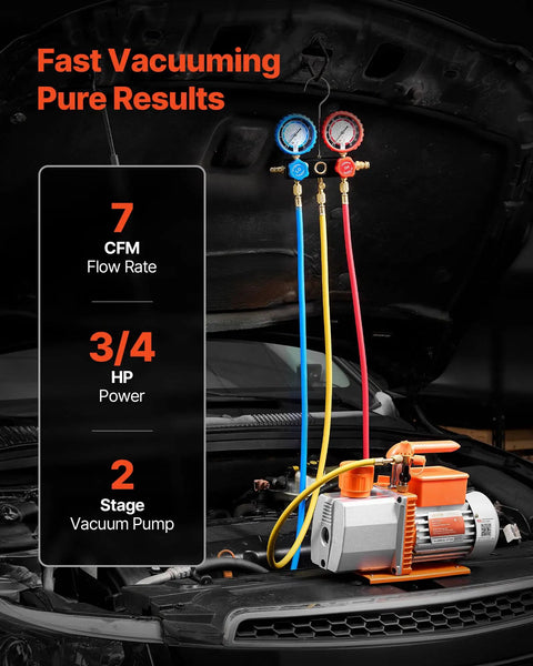 Pro Grade Heavy Duty AC Vacuum Pump And Gauge Kit With Leak Detector, Seven CFM Two Stage Rotary Vane HVAC Pump, Three Quarter HP, Compatible With R134a R22 R410a, Includes Carry Bag And Hose For Auto HVAC Air Conditioning Service, 7 CFM, 3/4 HP