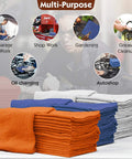 Orange, blue, and gray multi-purpose towels for garage work, shop work, and gardening, stacked neatly, highlighting versatility.