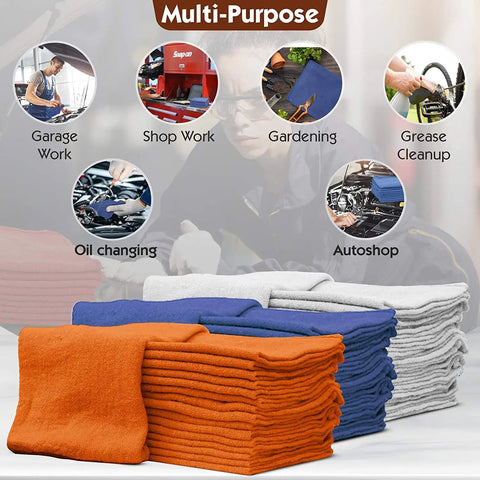 Orange, blue, and gray multi-purpose towels for garage work, shop work, and gardening, stacked neatly, highlighting versatility.