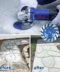 Four And A Half Inch Concrete Grinding Wheel Set With Three Pieces Featuring Turbo Diamond Segments Five Eighth To Eleven Arbor Fourteen Segments For Paint Epoxy Mastic And Coating Removal Wet Or Dry Use On Angle Grinders, shown in use on outdoor concrete walkway.