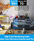 Children's bedroom with toy car bed, desk, and vibrant decor, showcasing high CRI for vivid colors.