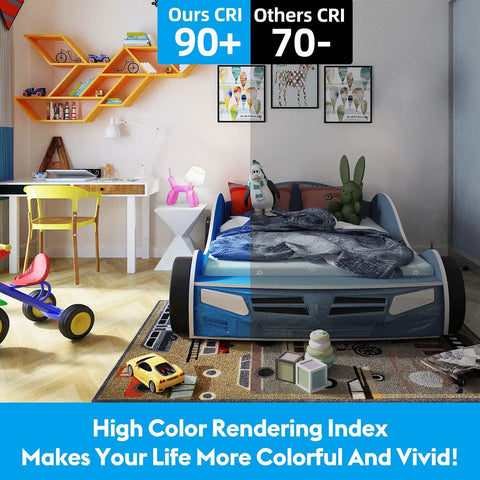 Children's bedroom with toy car bed, desk, and vibrant decor, showcasing high CRI for vivid colors.