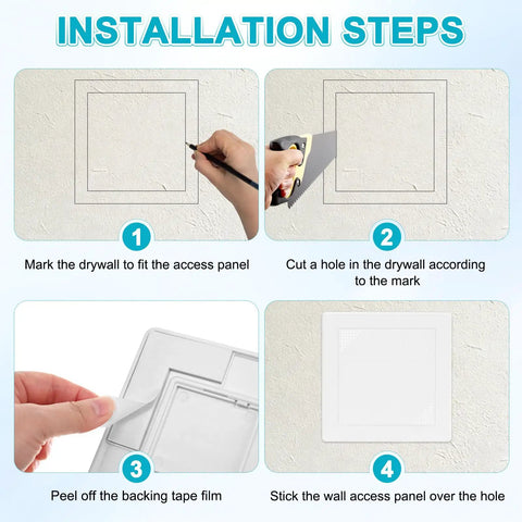 Installation steps for Heavy Duty 2 Pack Self Adhesive Access Panel For Drywall Six By Six Inch Square Vented Wall Hole Cover.
