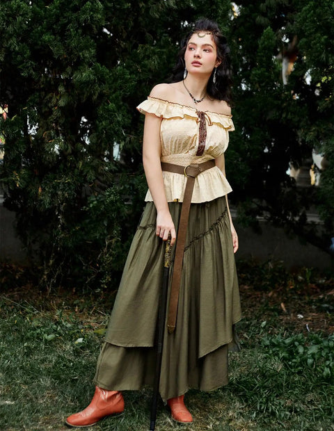 Badass Medieval Leather Belt For Renaissance Cosplay And Hella Cool Pirate Viking Props Featuring Embossed Buckle With Adjustable Waist Strap styled on a model in a green skirt and yellow top.
