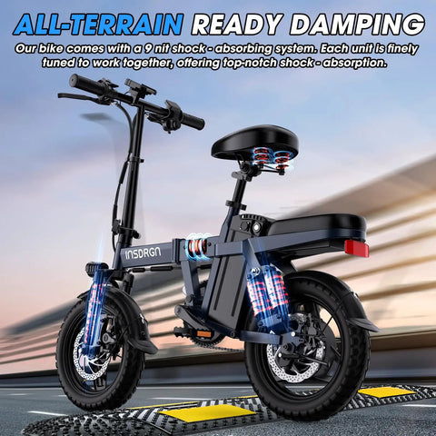Foldable 14 Inch Electric Bike With A 650W Peak Motor That Powers You To 20 MPH, 28 Mile Range, Rugged Nine Point Suspension