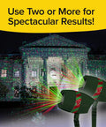 Ultra 9 Outdoor Laser Light Projector with 9 Enhanced Modes in use, projecting green and red patterns on a large house at night.