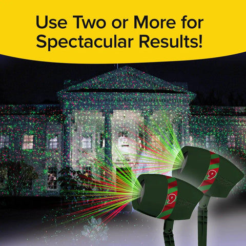 Outdoor Holiday Laser Light Projector Set Of 2 With 9 Enhanced Modes lighting up a house with thousands of bright dots.