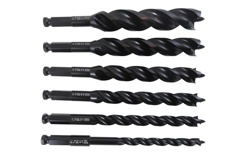 Image showing Six Piece Wood Auger Bit Set with diameters from three eighth to one inch, PTFE coated for easy drilling.
