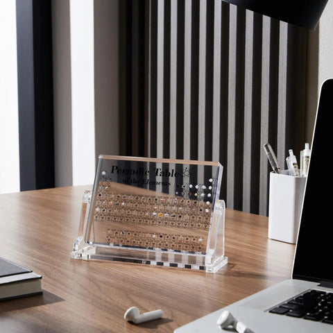 Cool Clear Acrylic Periodic Table With Real Elements Inside Size 6.7 By 4.7 Inches on desk with books and laptop