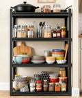 4 Tier Metal Open Kitchen Storage Shelf With Adjustable Pot Rack Black Powder Coated Steel Heavy Duty Kitchen Organizer.