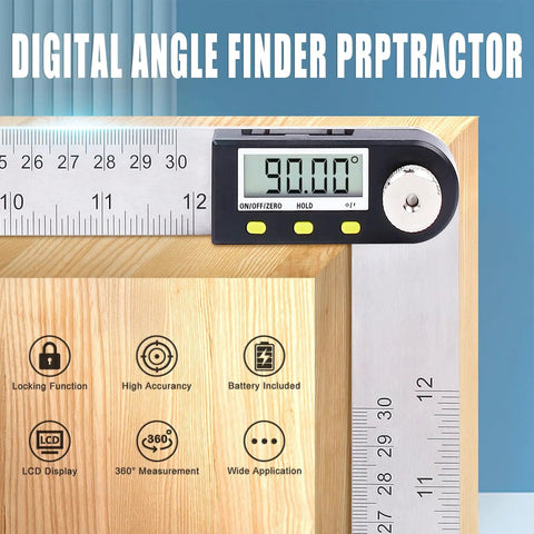 Killer Accuracy 12 Inch Digital Angle Finder And Stainless Steel Protractor For Woodworking And Carpentry showing 90-degree angle.
