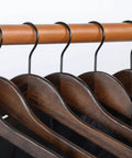 Heavy Duty Wood Coat Hangers With Smooth Retro Finish Boutique Quality Pro Grade Wooden Suit Hangers Thick Non Slip Rubber Pants Bar Extra Smooth Notches 360 Degree Swivel Black Hook 18 Pack hanging on rod