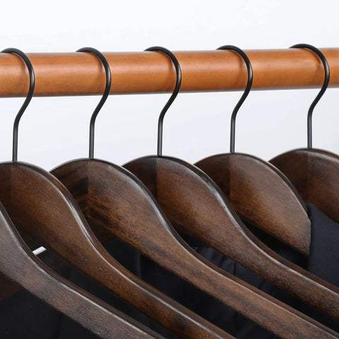 Heavy Duty Wood Coat Hangers With Smooth Retro Finish Boutique Quality Pro Grade Wooden Suit Hangers Thick Non Slip Rubber Pants Bar Extra Smooth Notches 360 Degree Swivel Black Hook 18 Pack hanging on rod
