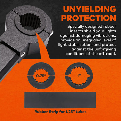Off Road Light Bar Mounts For ATV UTV 360 Degree Rotating Clamp Kits showing rubber inserts for 0.75 in and 1 in bars.