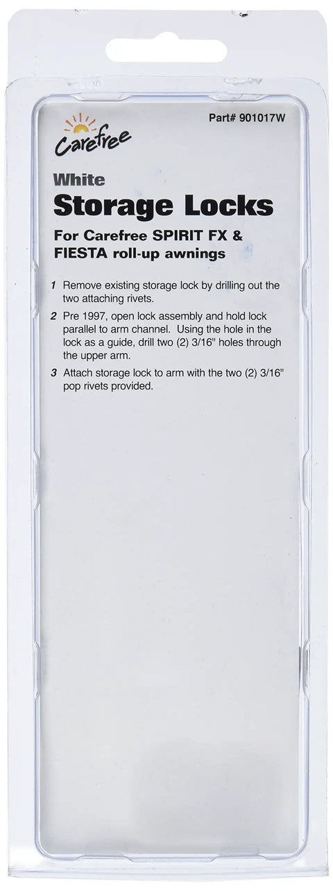 Packaging of must-have white storage lock replacement part for awnings, durable RV camper auto accessory, easy install, secure latch.