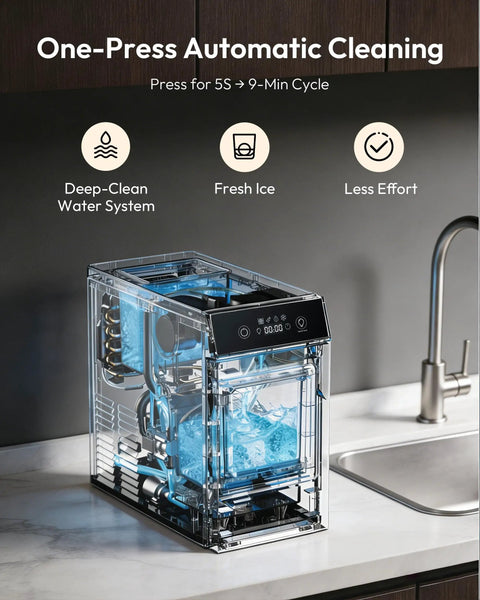 Crystal Clear Ice Ball Maker For Countertop 2.4 Inch Spheres 2 Piece Set Self Cleaning 8 Hour Timer on kitchen counter